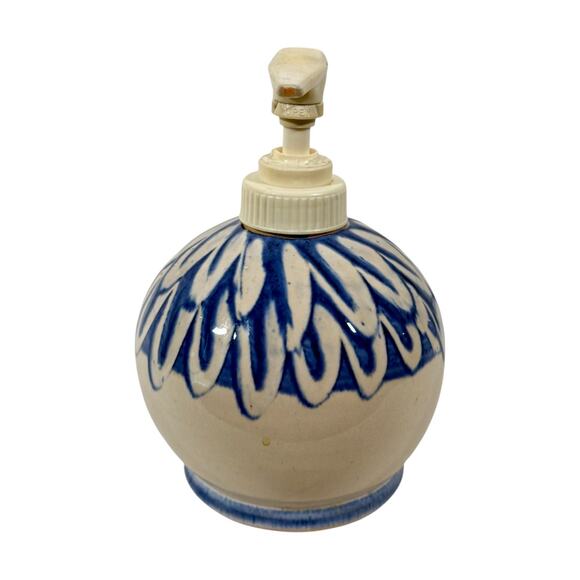 Deneen Pottery VTG Stoneware Blue Glaze Leaves Feathers Soap Dispenser Bud Vase - Picture 3 of 11